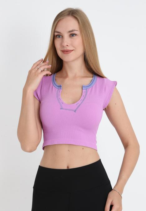 Crop Tricou Damă cu Mânecă Scurtă ,Culoare Mov, Engros